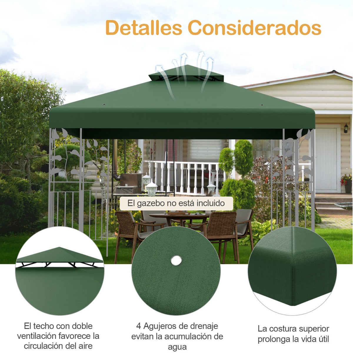 Toldo de Repuesto Dos Pisos para Cenador 3 x 3 m Toldo de Pabellón de Poliéster de Patio con Hebillas de Aluminio Verde