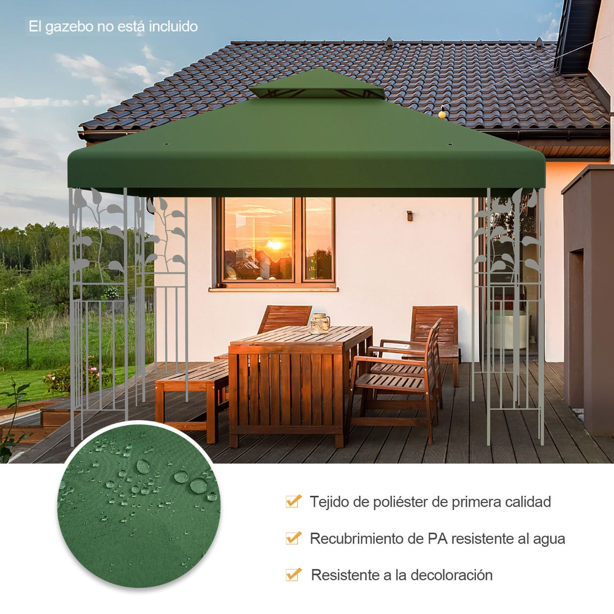 Toldo de Repuesto Dos Pisos para Cenador 3 x 3 m Toldo de Pabellón de Poliéster de Patio con Hebillas de Aluminio Verde