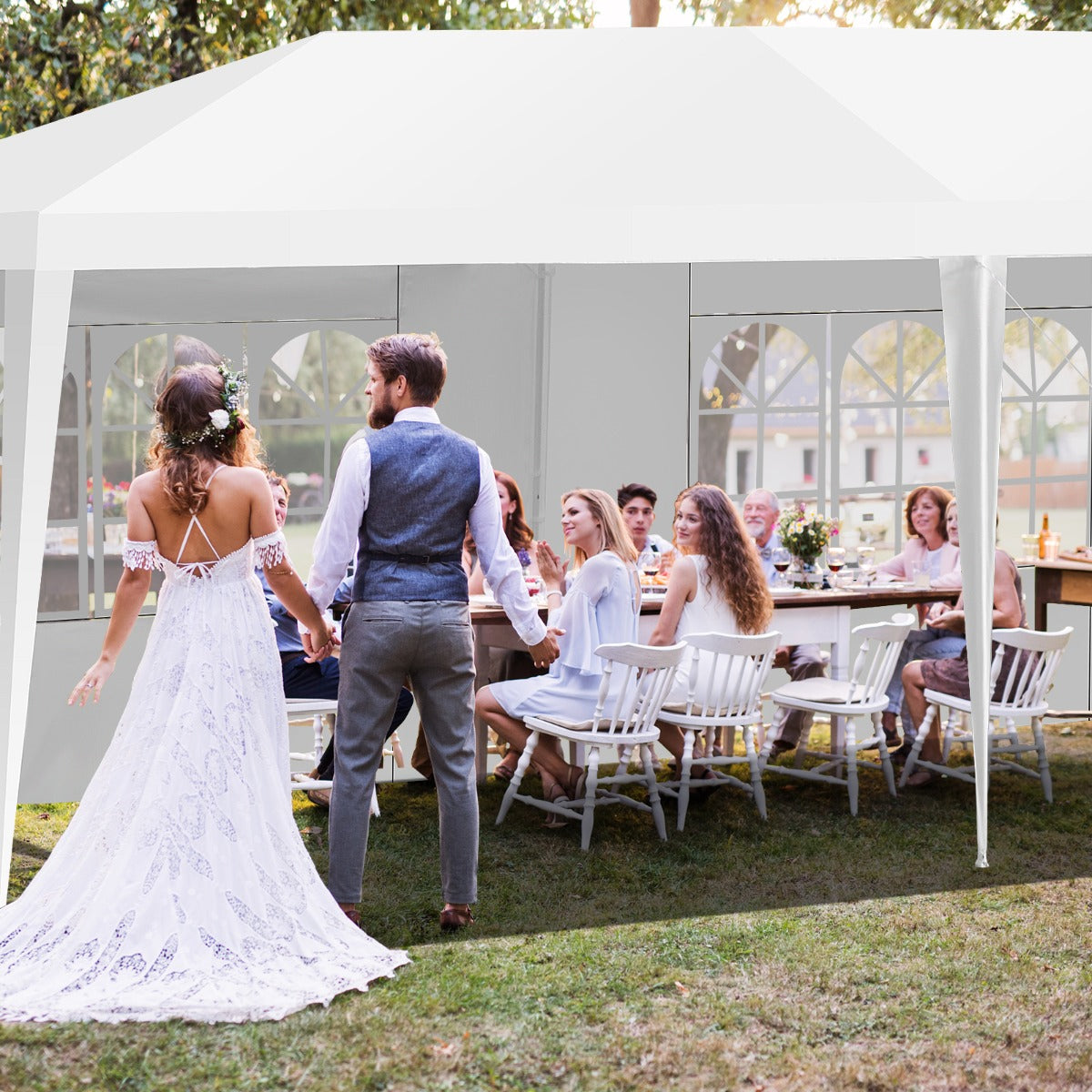 Toldo Impermeable 3 x 9 m con 5 Paneles Laterales Removibles Glorieta con Palos Resistentes para Casamientos Eventos Playa y Barbacoas Blanco