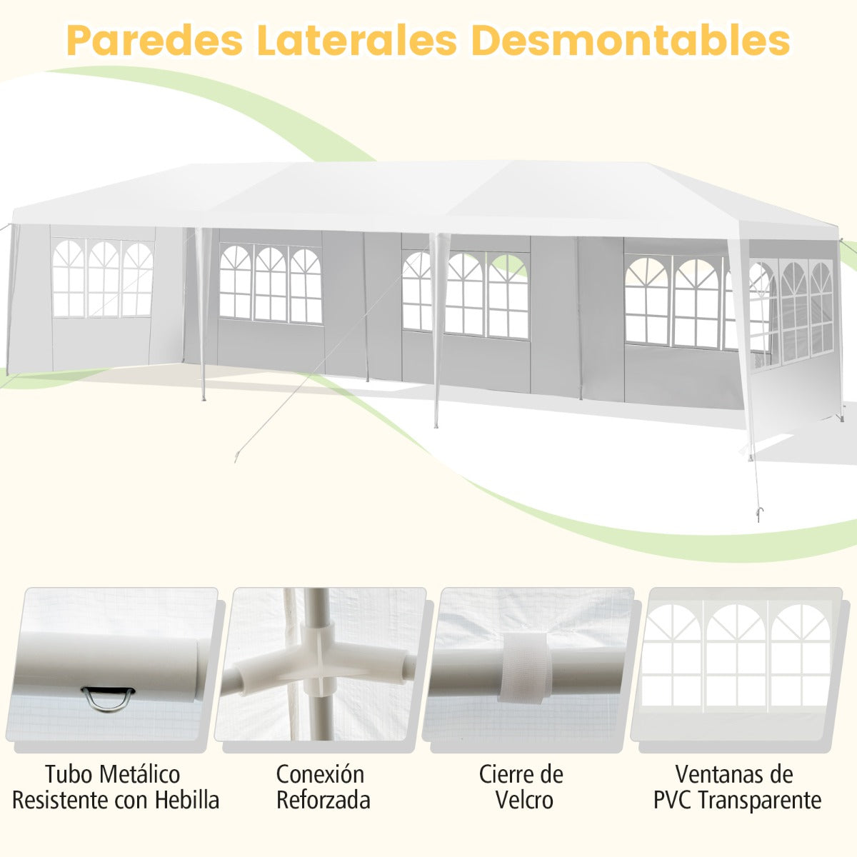 Toldo Impermeable 3 x 9 m con 5 Paneles Laterales Removibles Glorieta con Palos Resistentes para Casamientos Eventos Playa y Barbacoas Blanco