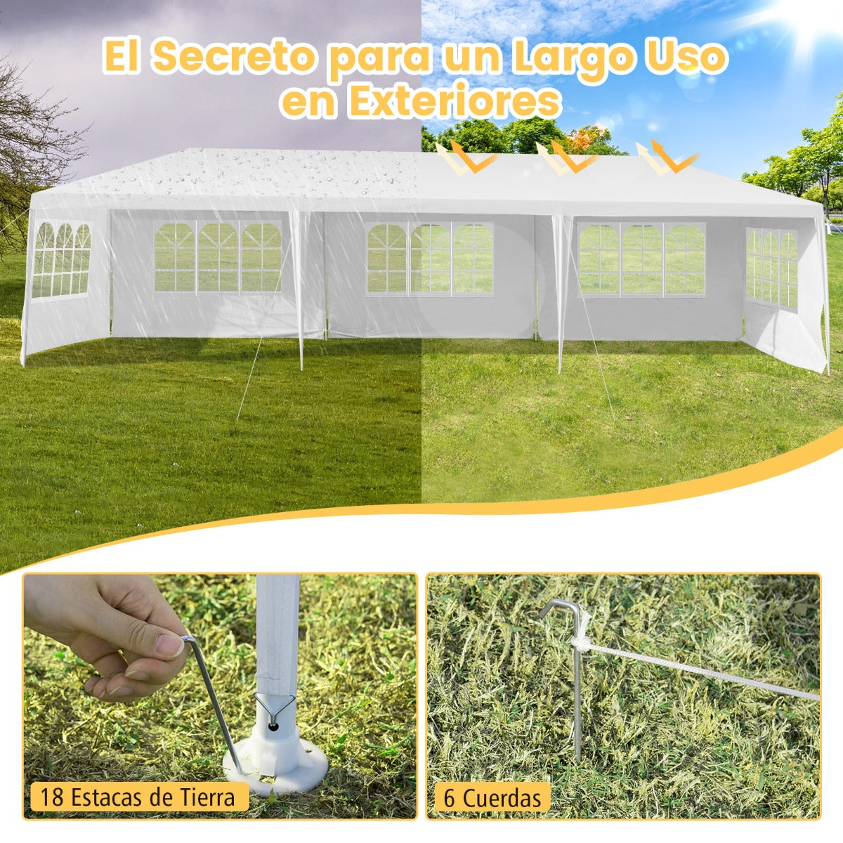 Toldo Impermeable 3 x 9 m con 5 Paneles Laterales Removibles Glorieta con Palos Resistentes para Casamientos Eventos Playa y Barbacoas Blanco