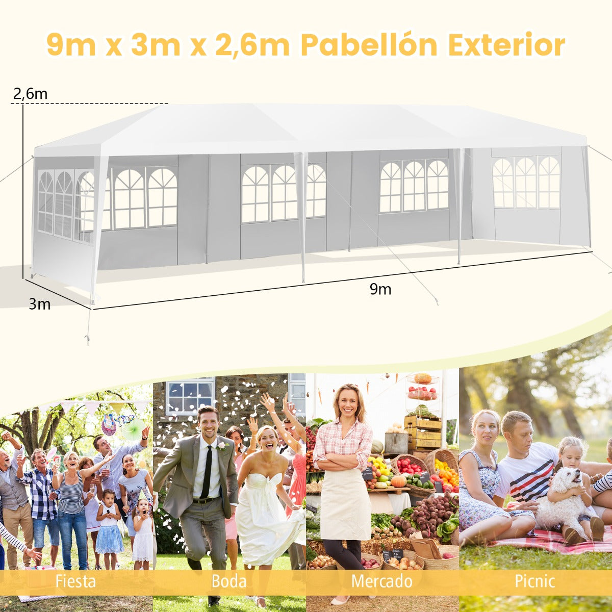 Toldo Impermeable 3 x 9 m con 5 Paneles Laterales Removibles Glorieta con Palos Resistentes para Casamientos Eventos Playa y Barbacoas Blanco