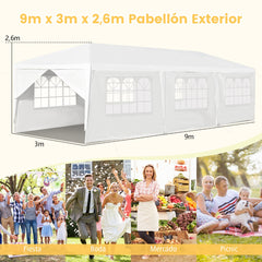 Toldo Impermeable 3 x 9 m con 6 Paneles Laterales Rmovibles y 2 Puertas Glorieta con Palos Resistentes para Casamientos Playa Barbacoas Blanco