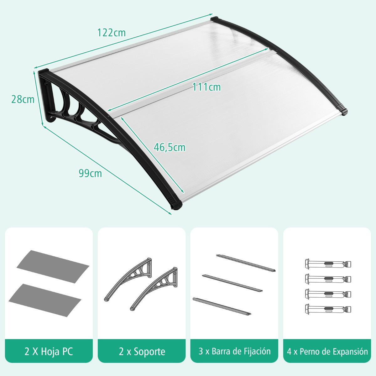 Marquesina para Ventana o Puerta 122 x 99 cm Protección Solar Lluvia Nieve Viento Toldo Exterior para Unidad de Aire Acondicionado Negro