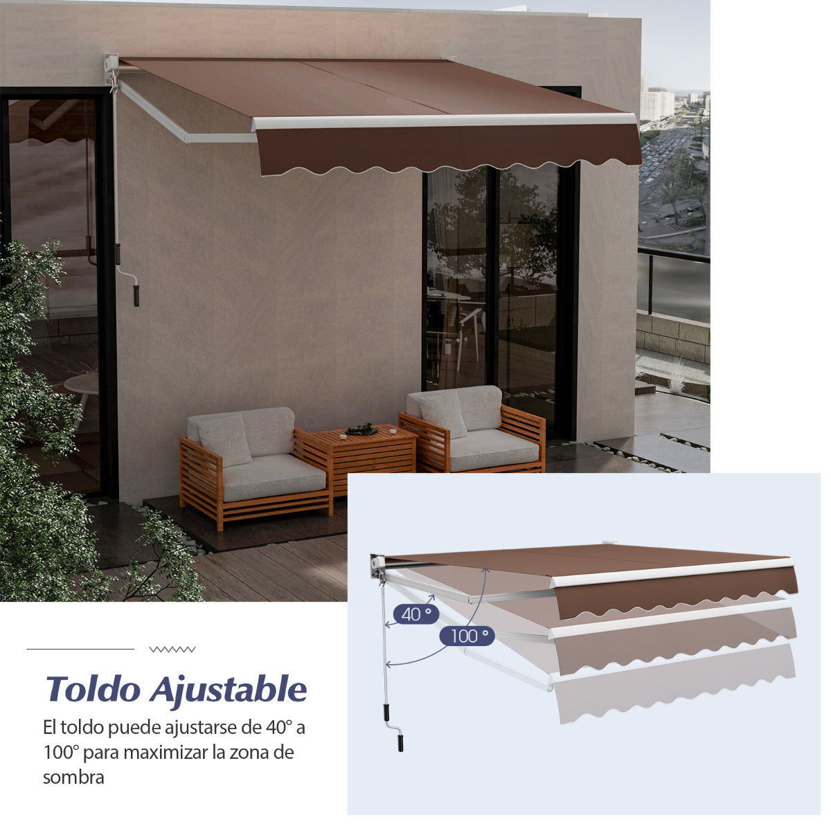 Toldo Retráctil 295 x 250 cm con Manivela Manual Marquesina para Pared Puerta Ventana Café