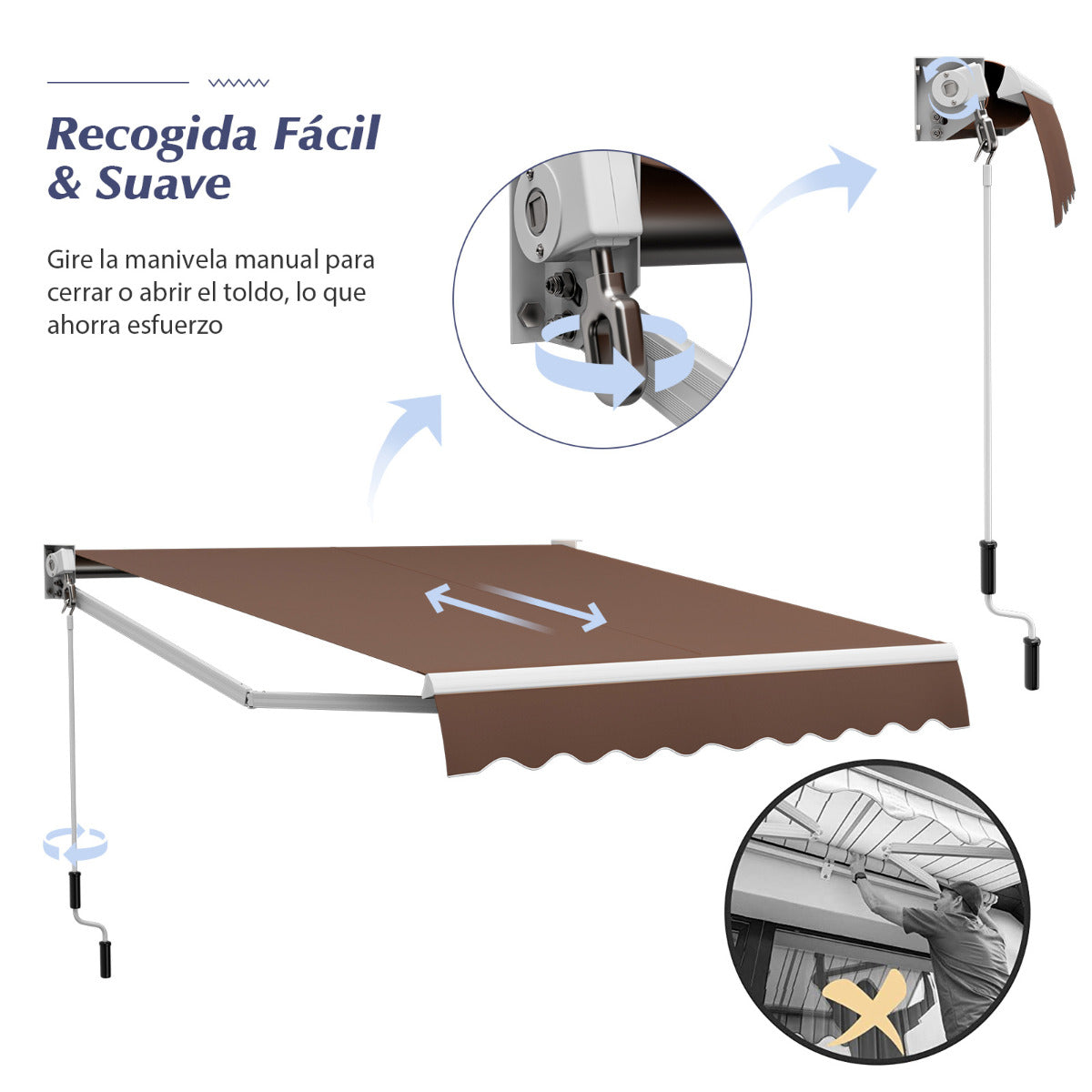 Toldo Retráctil 295 x 250 cm con Manivela Manual Marquesina para Pared Puerta Ventana Café