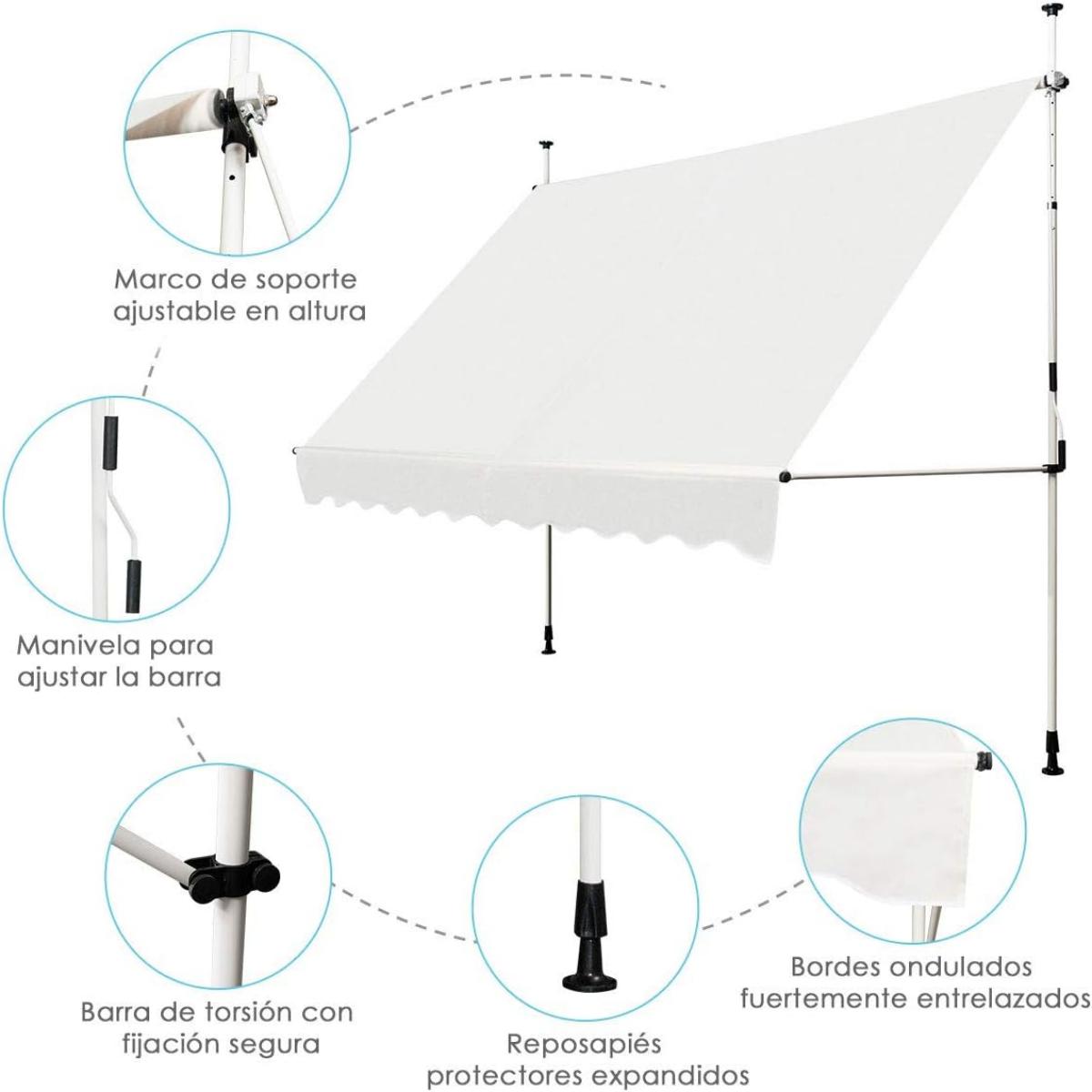 200 x 125 cm Toldo Exterior Terraza Altura Ajustable 2-3 m con Manivela y Resistente Intemperie Toldos Manual para Jardín y Balcón Beige