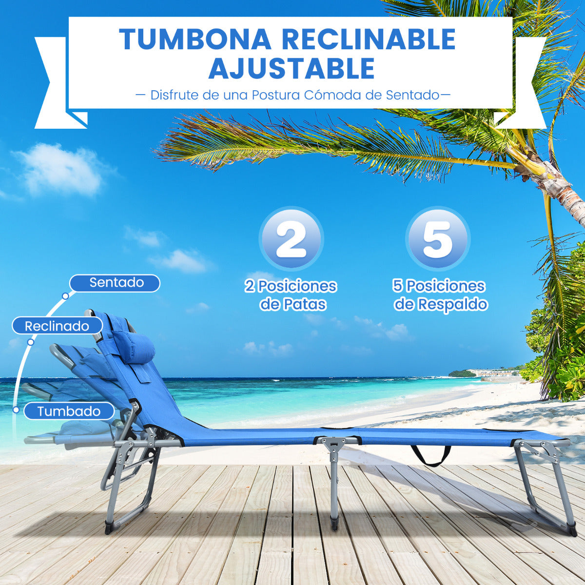 Tumbona Ajustable Plegable Silla Reclinable de Playa con Cojines para Acostarse Boca Abajo/Arriba y Cavidad Facial Azul