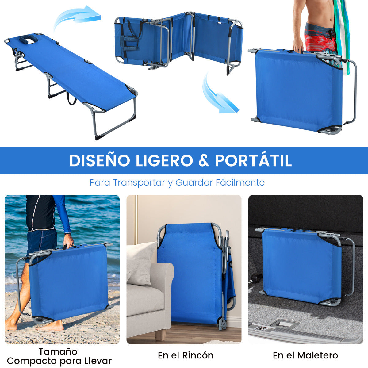 Tumbona Ajustable Plegable Silla Reclinable de Playa con Cojines para Acostarse Boca Abajo/Arriba y Cavidad Facial Azul