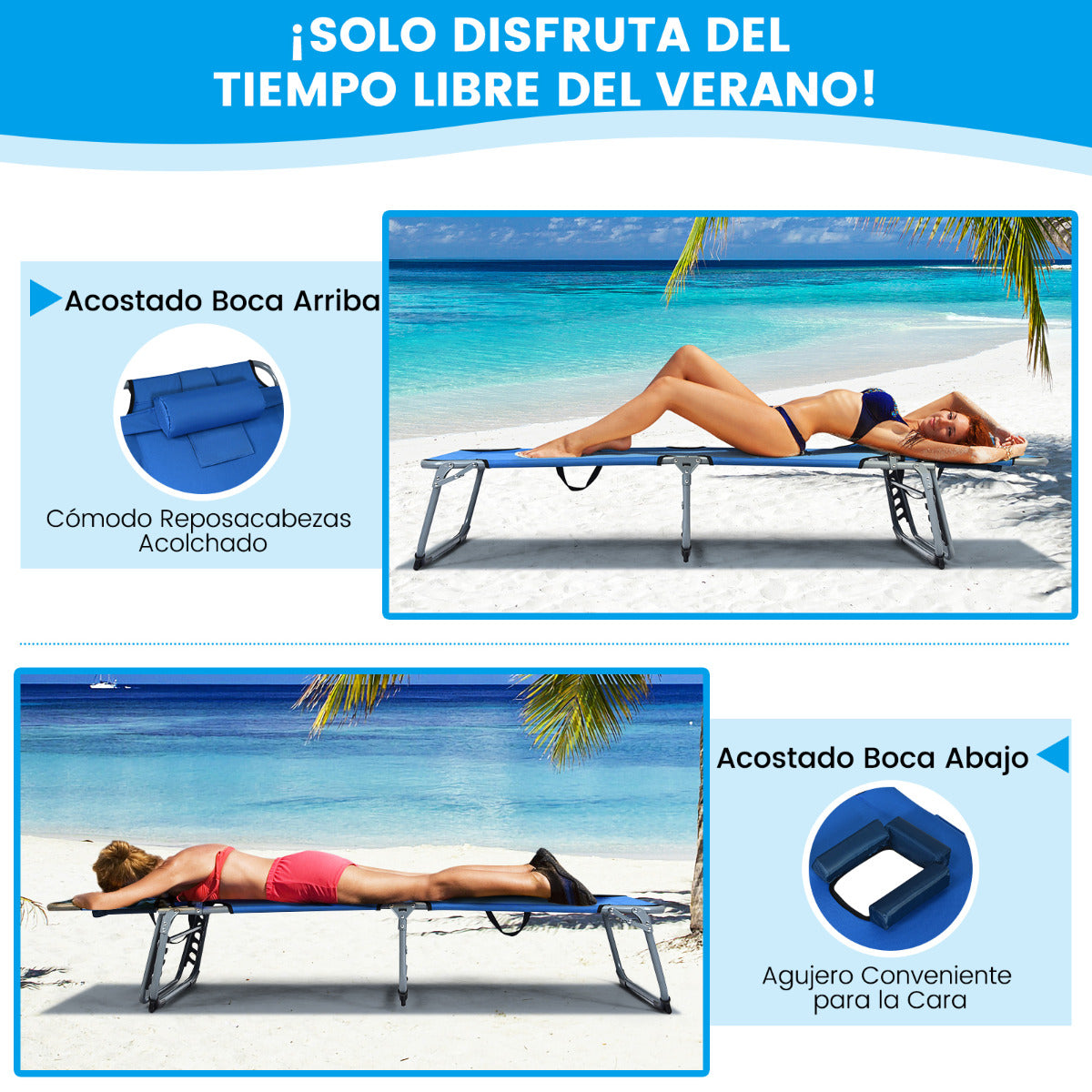 Tumbona Ajustable Plegable Silla Reclinable de Playa con Cojines para Acostarse Boca Abajo/Arriba y Cavidad Facial Azul