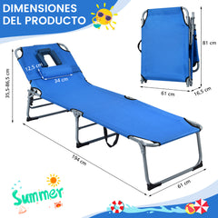 Tumbona Ajustable Plegable Silla Reclinable de Playa con Cojines para Acostarse Boca Abajo/Arriba y Cavidad Facial Azul