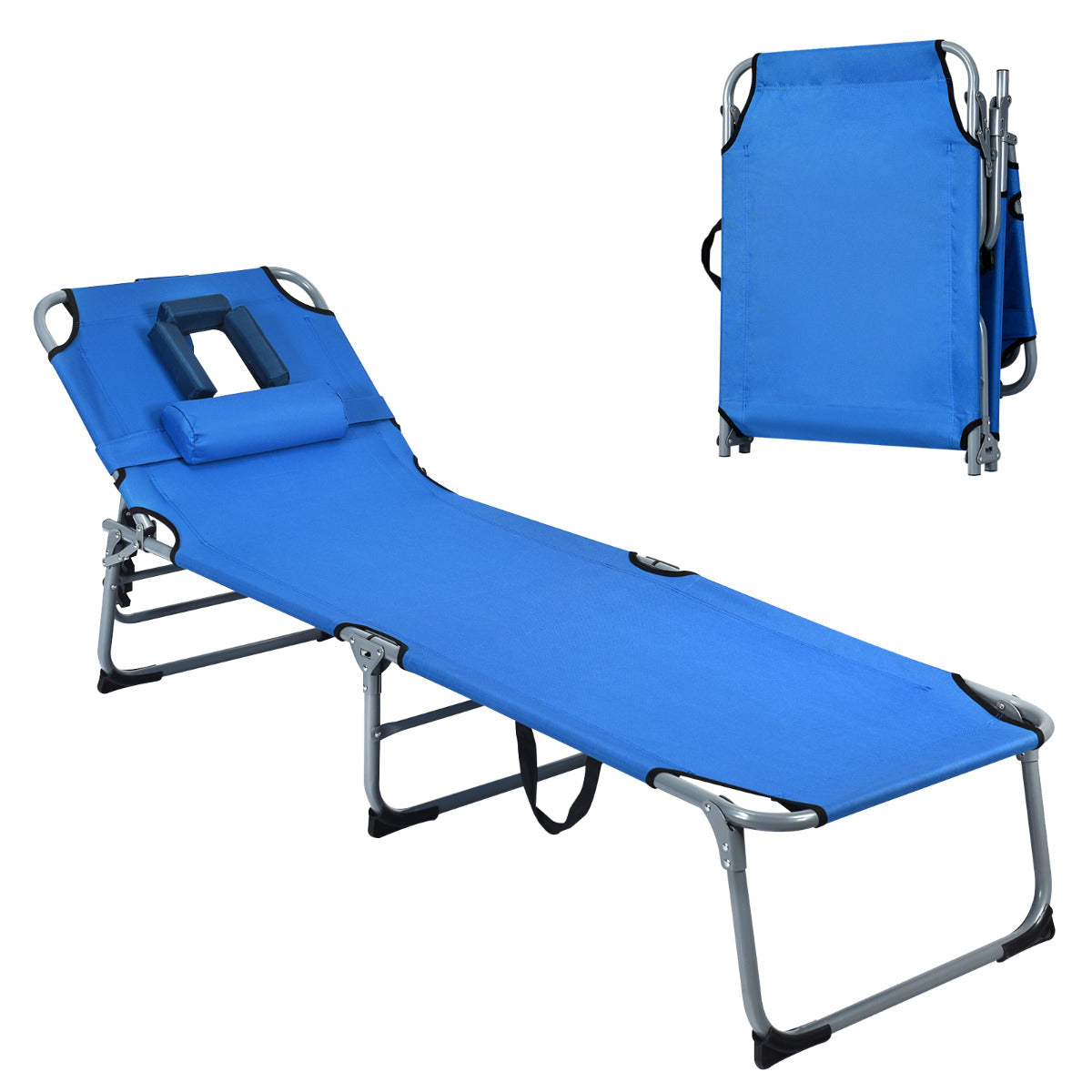 Tumbona Ajustable Plegable Silla Reclinable de Playa con Cojines para Acostarse Boca Abajo/Arriba y Cavidad Facial Azul