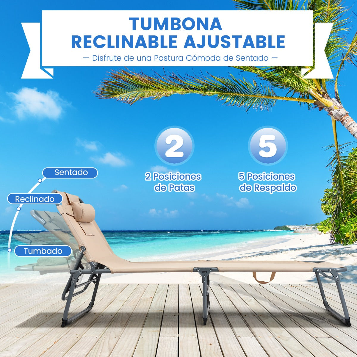 Tumbona Ajustable Plegable Silla Reclinable de Playa con Cojines para Acostarse Boca Abajo/Arriba y Cavidad Facial Beige