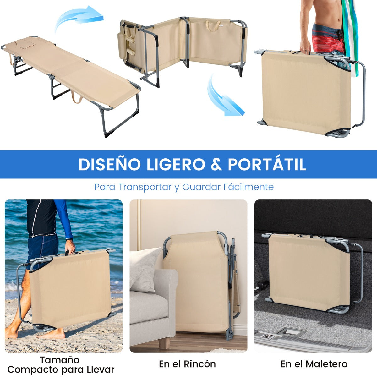 Tumbona Ajustable Plegable Silla Reclinable de Playa con Cojines para Acostarse Boca Abajo/Arriba y Cavidad Facial Beige