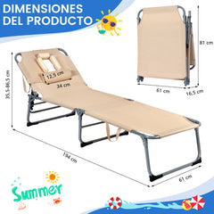 Tumbona Ajustable Plegable Silla Reclinable de Playa con Cojines para Acostarse Boca Abajo/Arriba y Cavidad Facial Beige