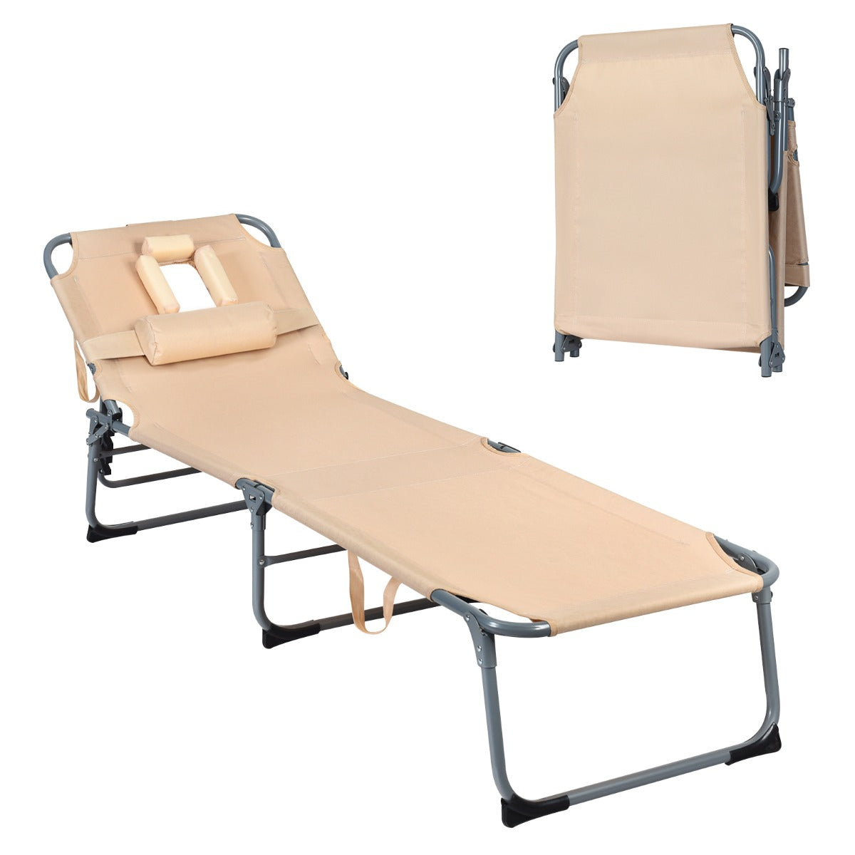 Tumbona Ajustable Plegable Silla Reclinable de Playa con Cojines para Acostarse Boca Abajo/Arriba y Cavidad Facial Beige
