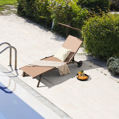 Tumbona Jardín Silla Reclinable 6 Niveles 2 Ruedas Toldo Ajustable Portavasos Carga 150kg Playa Terraza Balcón Piscina 191 x 61 x 96 cm Café