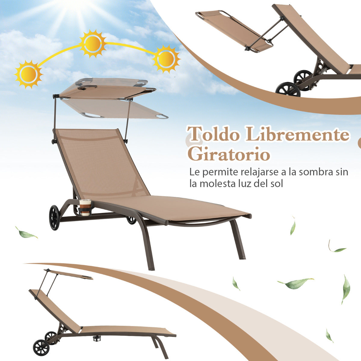 Tumbona Jardín Silla Reclinable 6 Niveles 2 Ruedas Toldo Ajustable Portavasos Carga 150kg Playa Terraza Balcón Piscina 191 x 61 x 96 cm Café