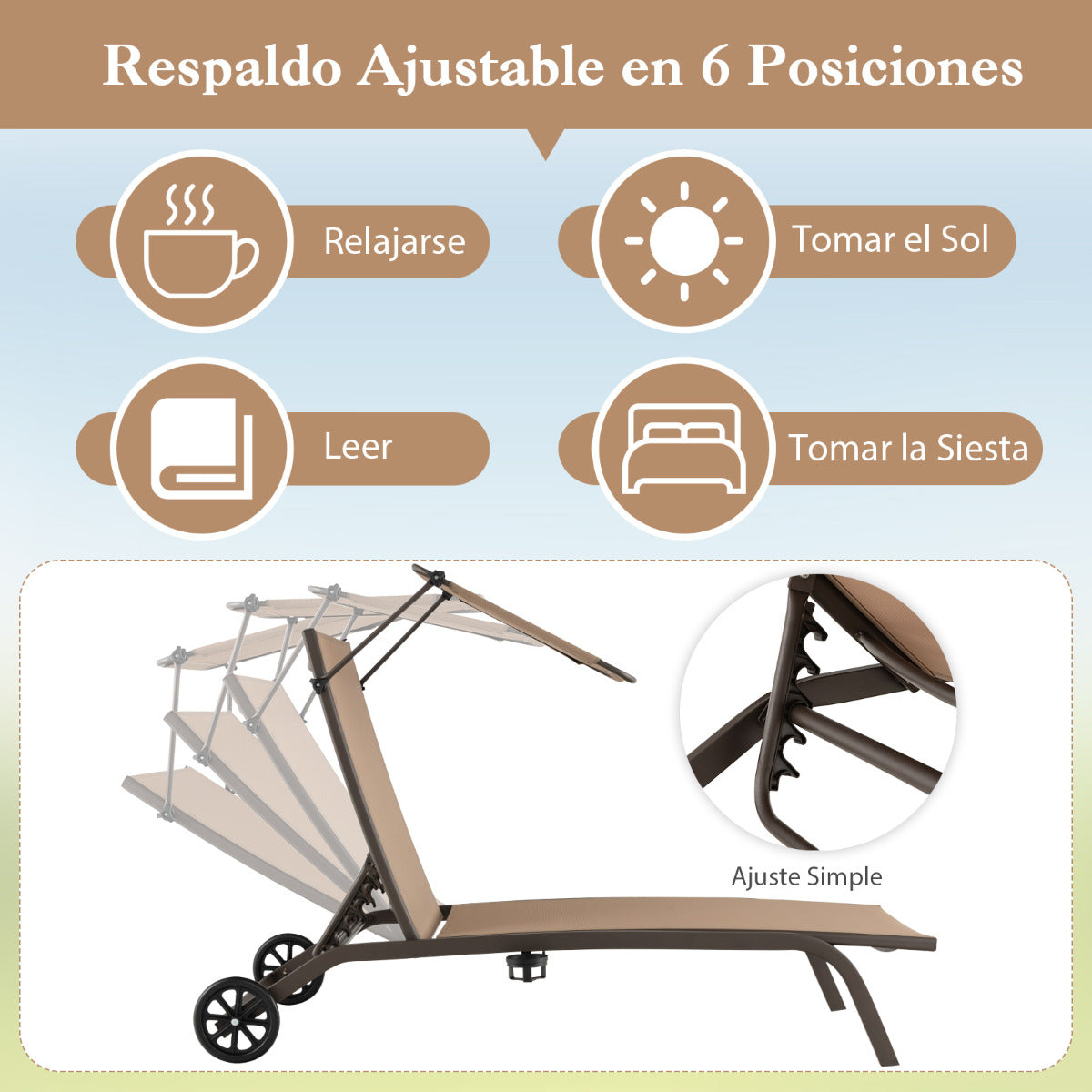 Tumbona Jardín Silla Reclinable 6 Niveles 2 Ruedas Toldo Ajustable Portavasos Carga 150kg Playa Terraza Balcón Piscina 191 x 61 x 96 cm Café