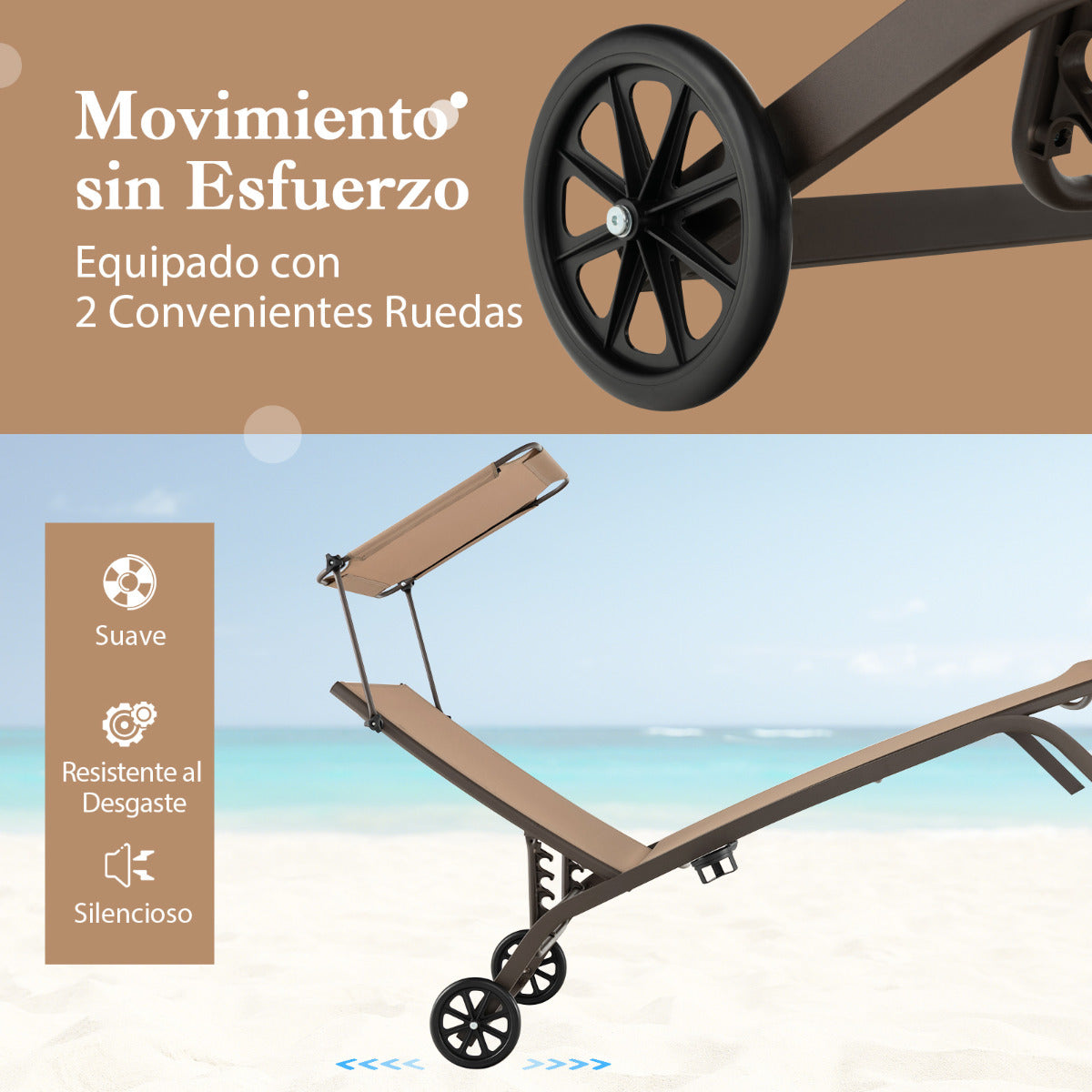 Tumbona Jardín Silla Reclinable 6 Niveles 2 Ruedas Toldo Ajustable Portavasos Carga 150kg Playa Terraza Balcón Piscina 191 x 61 x 96 cm Café