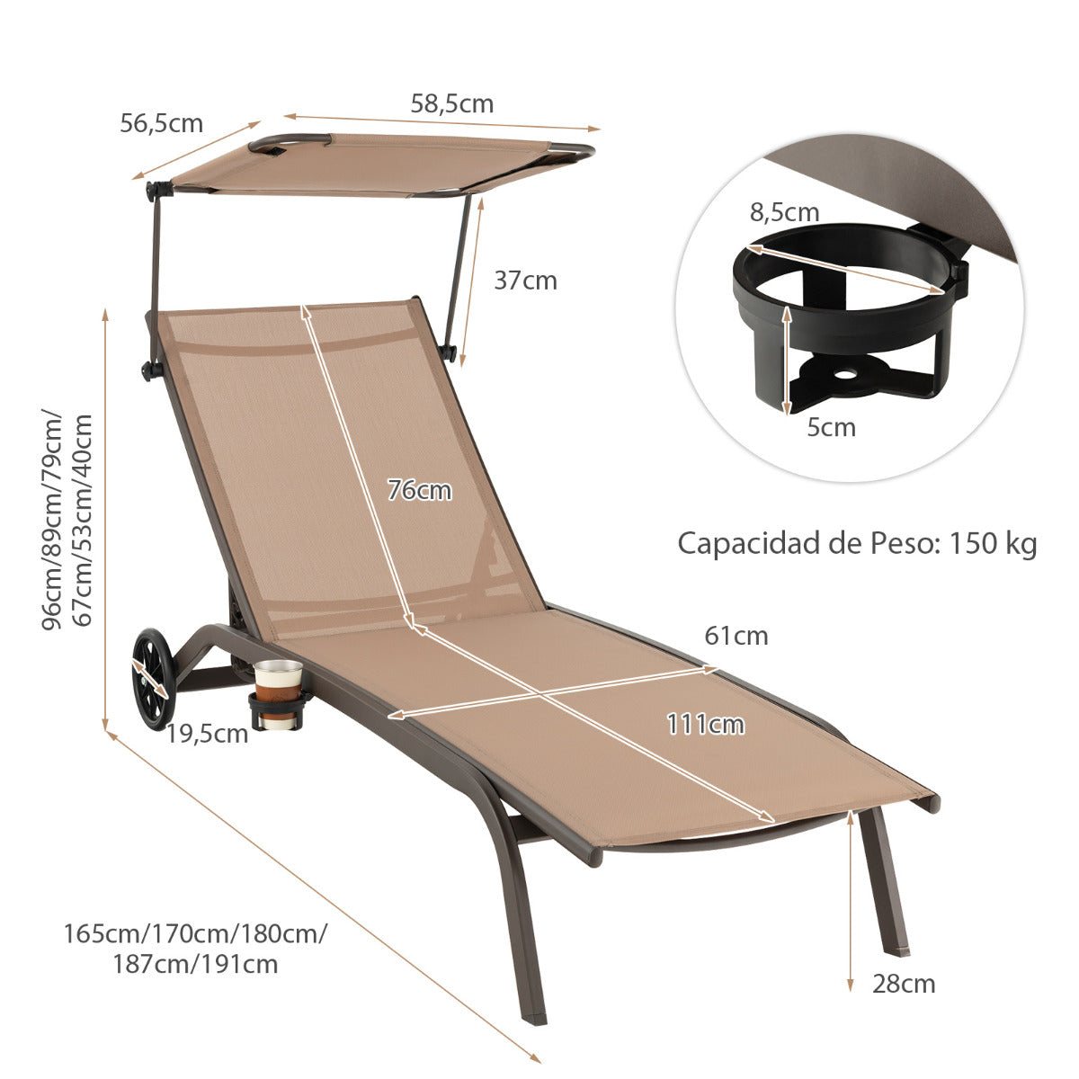 Tumbona Jardín Silla Reclinable 6 Niveles 2 Ruedas Toldo Ajustable Portavasos Carga 150kg Playa Terraza Balcón Piscina 191 x 61 x 96 cm Café