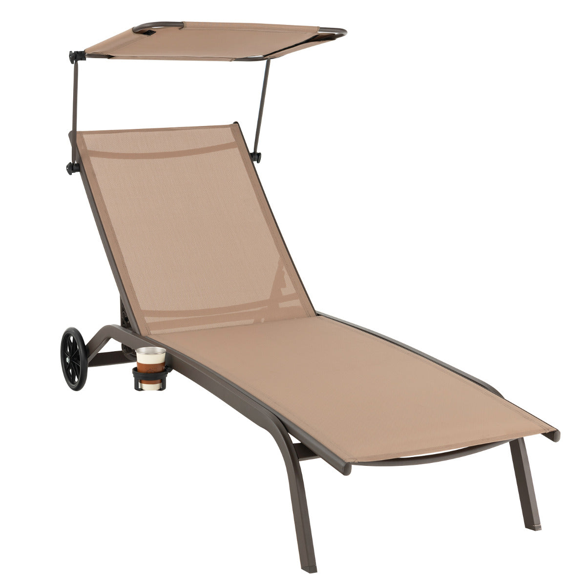 Tumbona Jardín Silla Reclinable 6 Niveles 2 Ruedas Toldo Ajustable Portavasos Carga 150kg Playa Terraza Balcón Piscina 191 x 61 x 96 cm Café