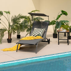 Tumbona Jardín Silla Reclinable 6 Niveles 2 Ruedas Toldo Ajustable Portavasos Carga 150kg Playa Terraza Balcón Piscina 191 x 61 x 96 cm Gris