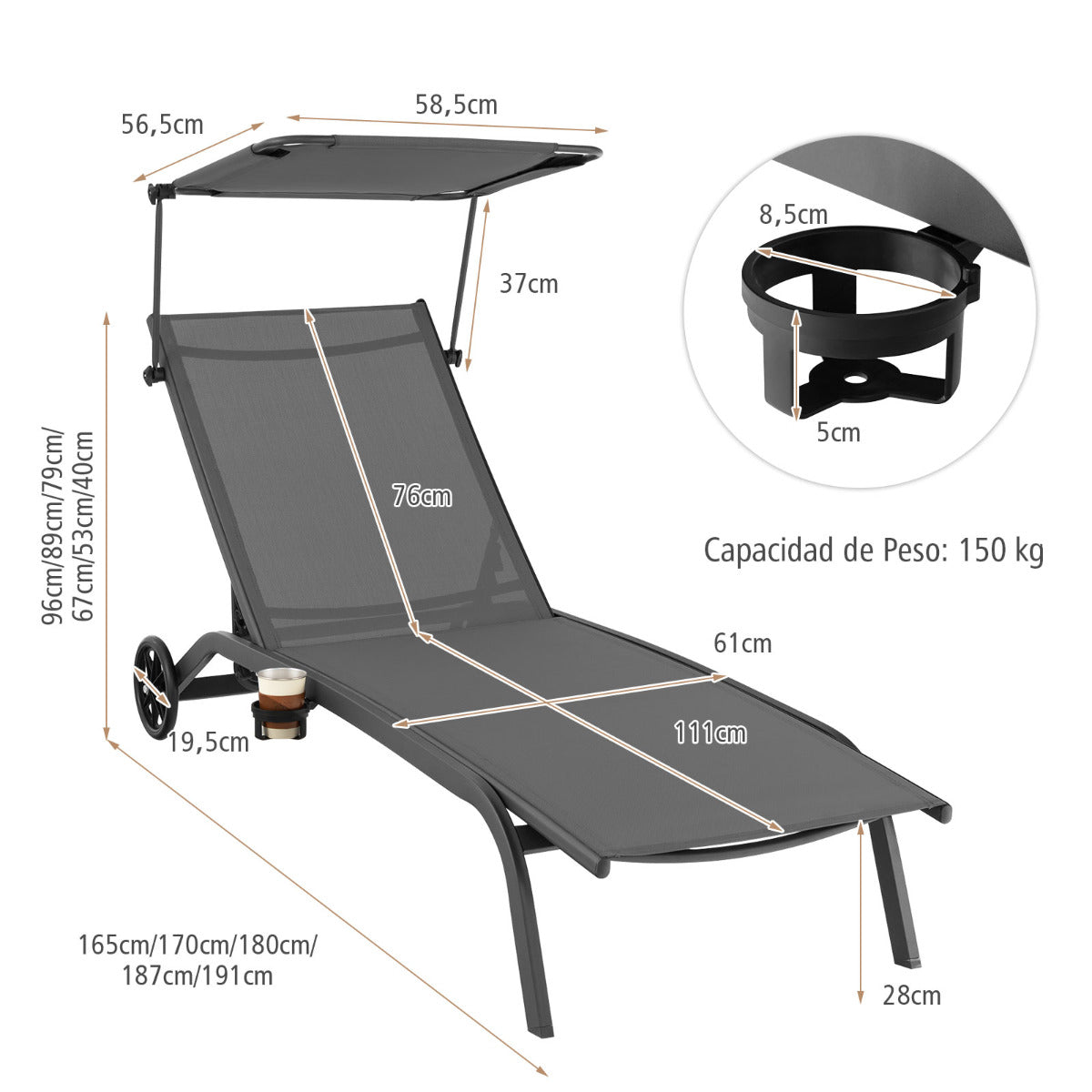 Tumbona Jardín Silla Reclinable 6 Niveles 2 Ruedas Toldo Ajustable Portavasos Carga 150kg Playa Terraza Balcón Piscina 191 x 61 x 96 cm Gris