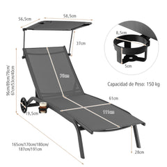 Tumbona Jardín Silla Reclinable 6 Niveles 2 Ruedas Toldo Ajustable Portavasos Carga 150kg Playa Terraza Balcón Piscina 191 x 61 x 96 cm Gris
