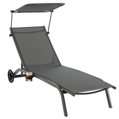 Tumbona Jardín Silla Reclinable 6 Niveles 2 Ruedas Toldo Ajustable Portavasos Carga 150kg Playa Terraza Balcón Piscina 191 x 61 x 96 cm Gris