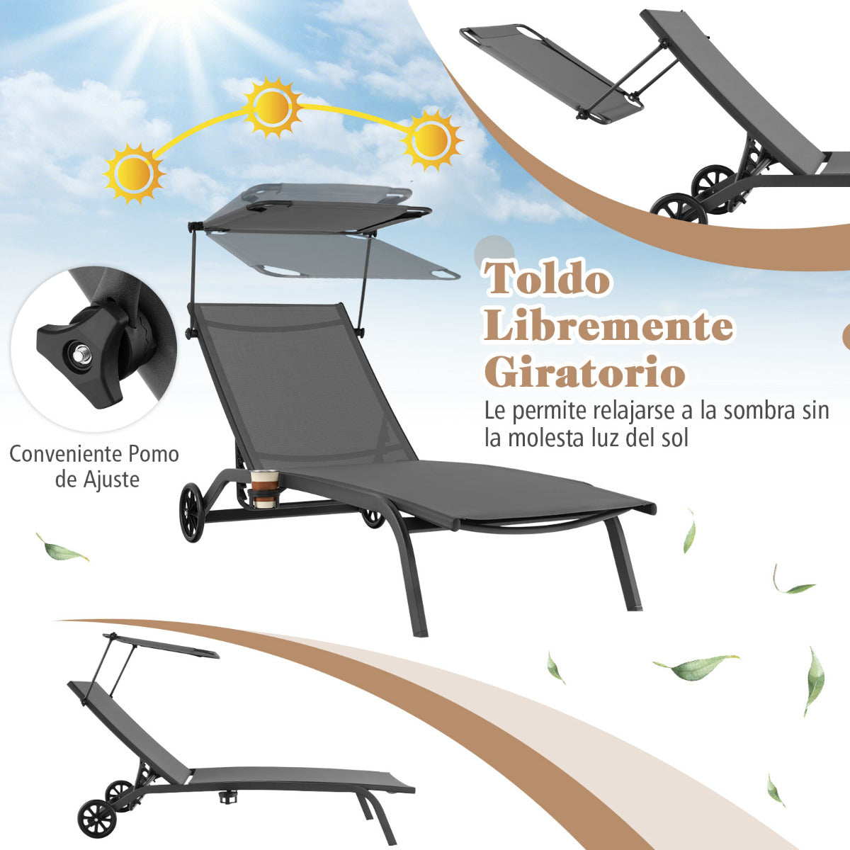 Tumbona Jardín Silla Reclinable 6 Niveles 2 Ruedas Toldo Ajustable Portavasos Carga 150kg Playa Terraza Balcón Piscina 191 x 61 x 96 cm Gris