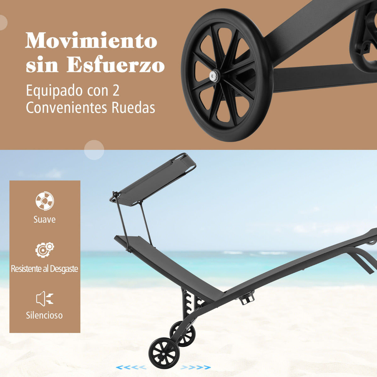 Tumbona Jardín Silla Reclinable 6 Niveles 2 Ruedas Toldo Ajustable Portavasos Carga 150kg Playa Terraza Balcón Piscina 191 x 61 x 96 cm Gris