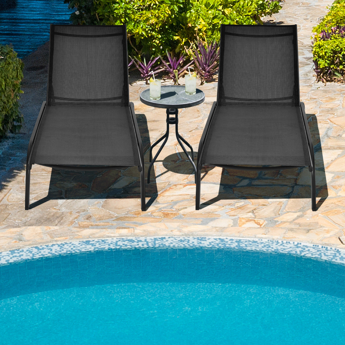 Tumbona Regulable para Patio con Ruedas y Tejido de Secado Rápido Silla Reclinable en 6 Posiciones de Exterior Piscina Patio Jardín Negro