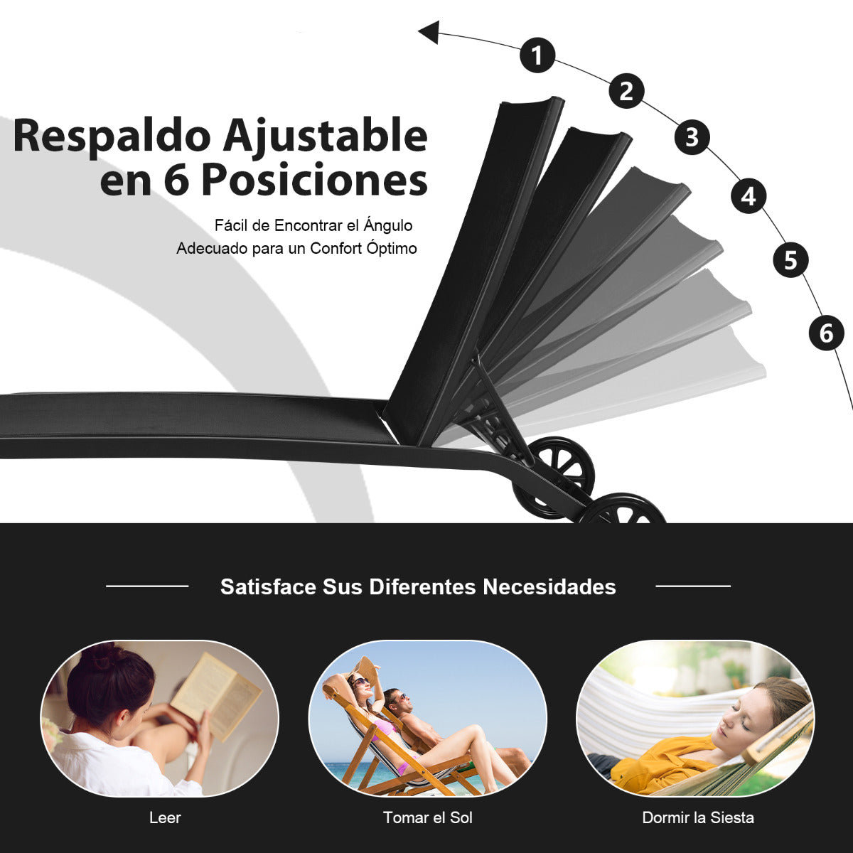 Tumbona Regulable para Patio con Ruedas y Tejido de Secado Rápido Silla Reclinable en 6 Posiciones de Exterior Piscina Patio Jardín Negro