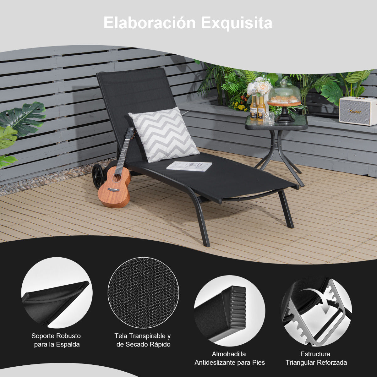 Tumbona Regulable para Patio con Ruedas y Tejido de Secado Rápido Silla Reclinable en 6 Posiciones de Exterior Piscina Patio Jardín Negro