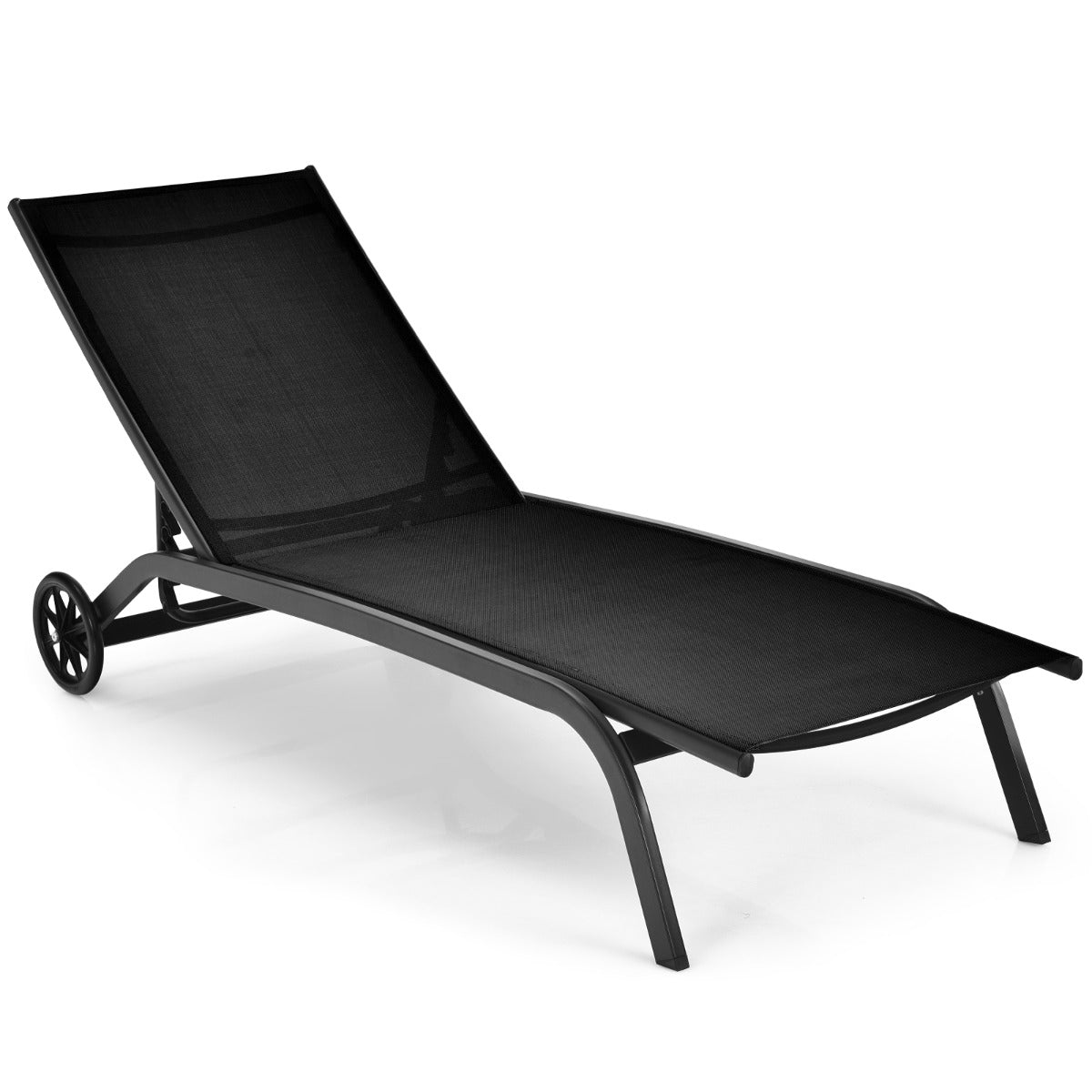 Tumbona Regulable para Patio con Ruedas y Tejido de Secado Rápido Silla Reclinable en 6 Posiciones de Exterior Piscina Patio Jardín Negro