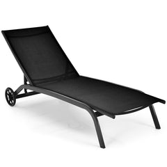 Tumbona Regulable para Patio con Ruedas y Tejido de Secado Rápido Silla Reclinable en 6 Posiciones de Exterior Piscina Patio Jardín Negro