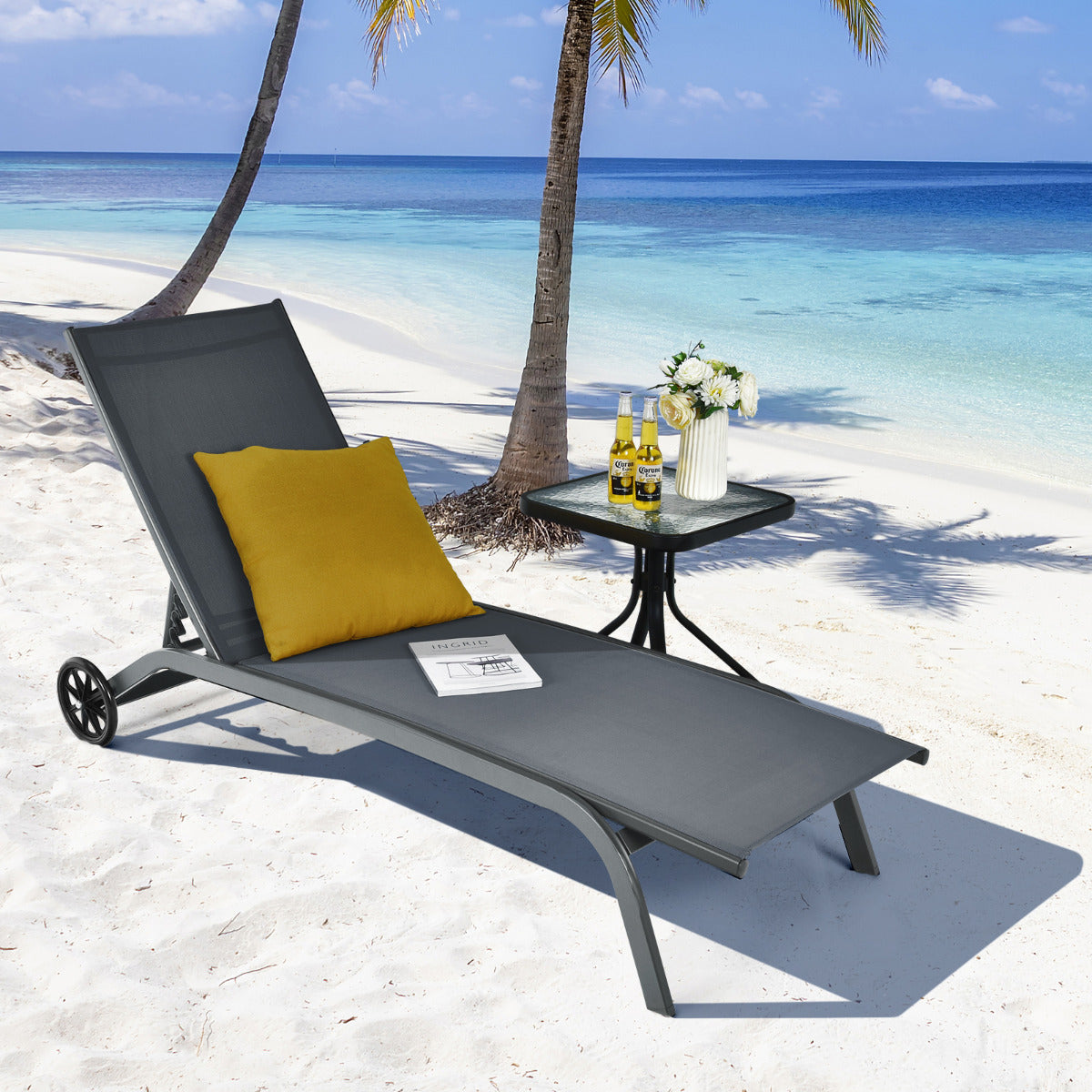 Tumbona Regulable para Patio con Ruedas y Tejido de Secado Rápido Silla Reclinable en 6 Posiciones de Exterior Piscina Patio Jardín Gris
