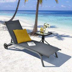 Tumbona Regulable para Patio con Ruedas y Tejido de Secado Rápido Silla Reclinable en 6 Posiciones de Exterior Piscina Patio Jardín Gris