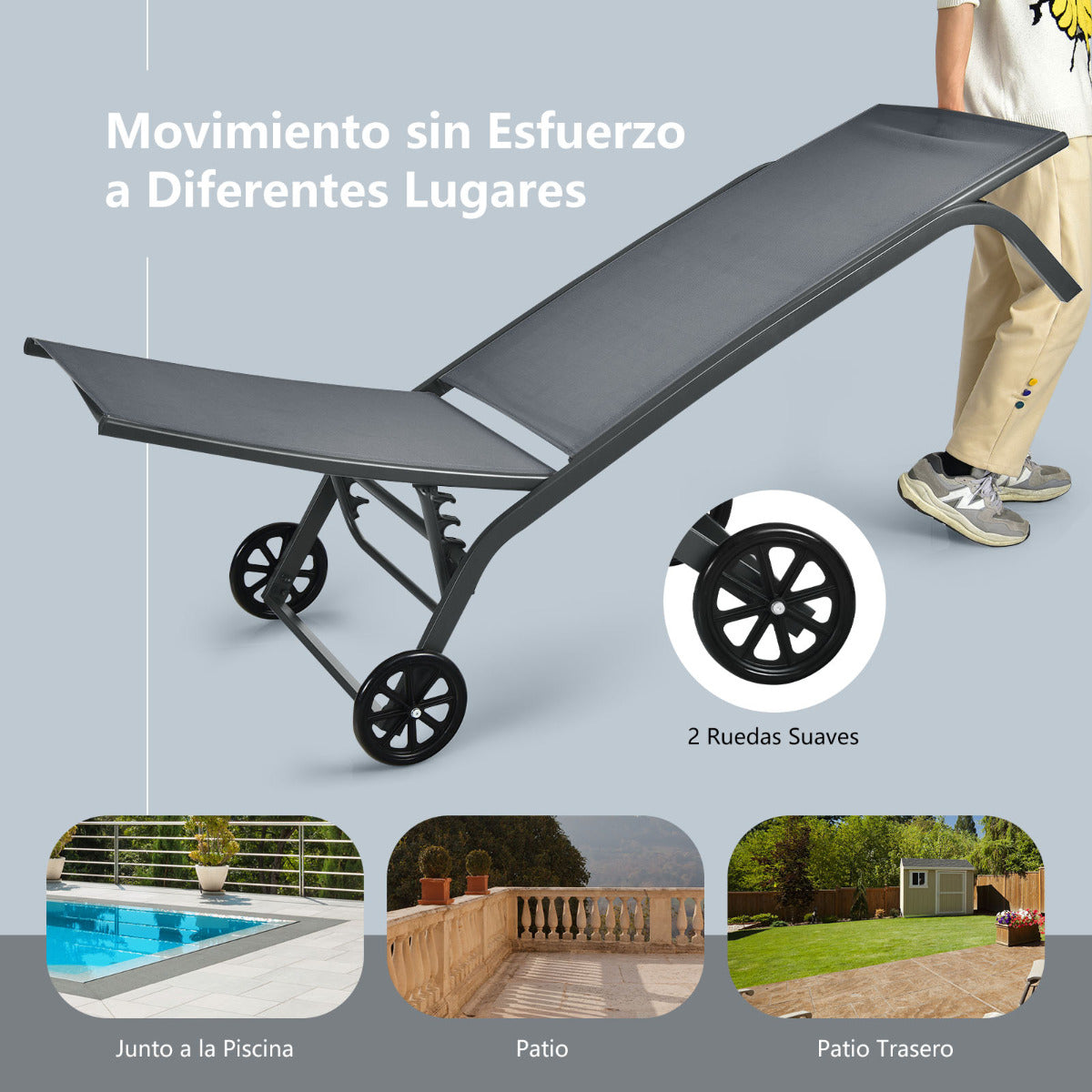 Tumbona Regulable para Patio con Ruedas y Tejido de Secado Rápido Silla Reclinable en 6 Posiciones de Exterior Piscina Patio Jardín Gris