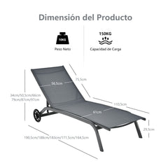 Tumbona Regulable para Patio con Ruedas y Tejido de Secado Rápido Silla Reclinable en 6 Posiciones de Exterior Piscina Patio Jardín Gris