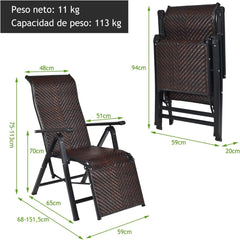Tumbona de Ratán Tumbona Plegable con Respaldo Regulable y Estructura en Acero para Piscina Playa y Jardín 151,5 x 59 x 76 cm Marrón