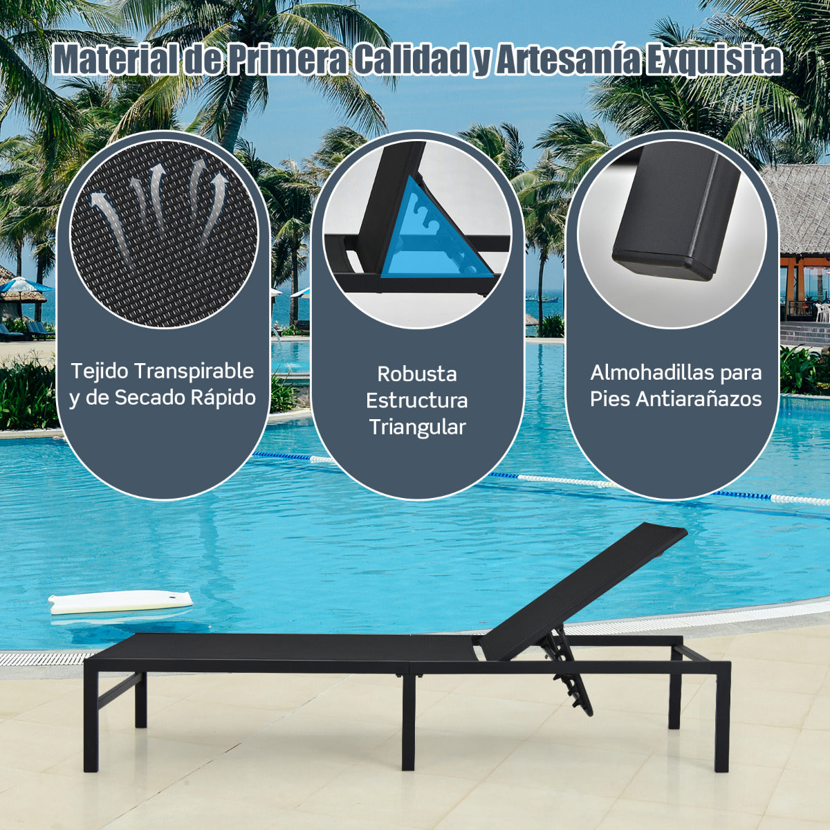Tumbona para Exterior Respaldo Ajustable de 6 Posiciones Sillón Reclinable de Acero para Piscina Playa Patio 64 x 198 x 67-103 cm Negro