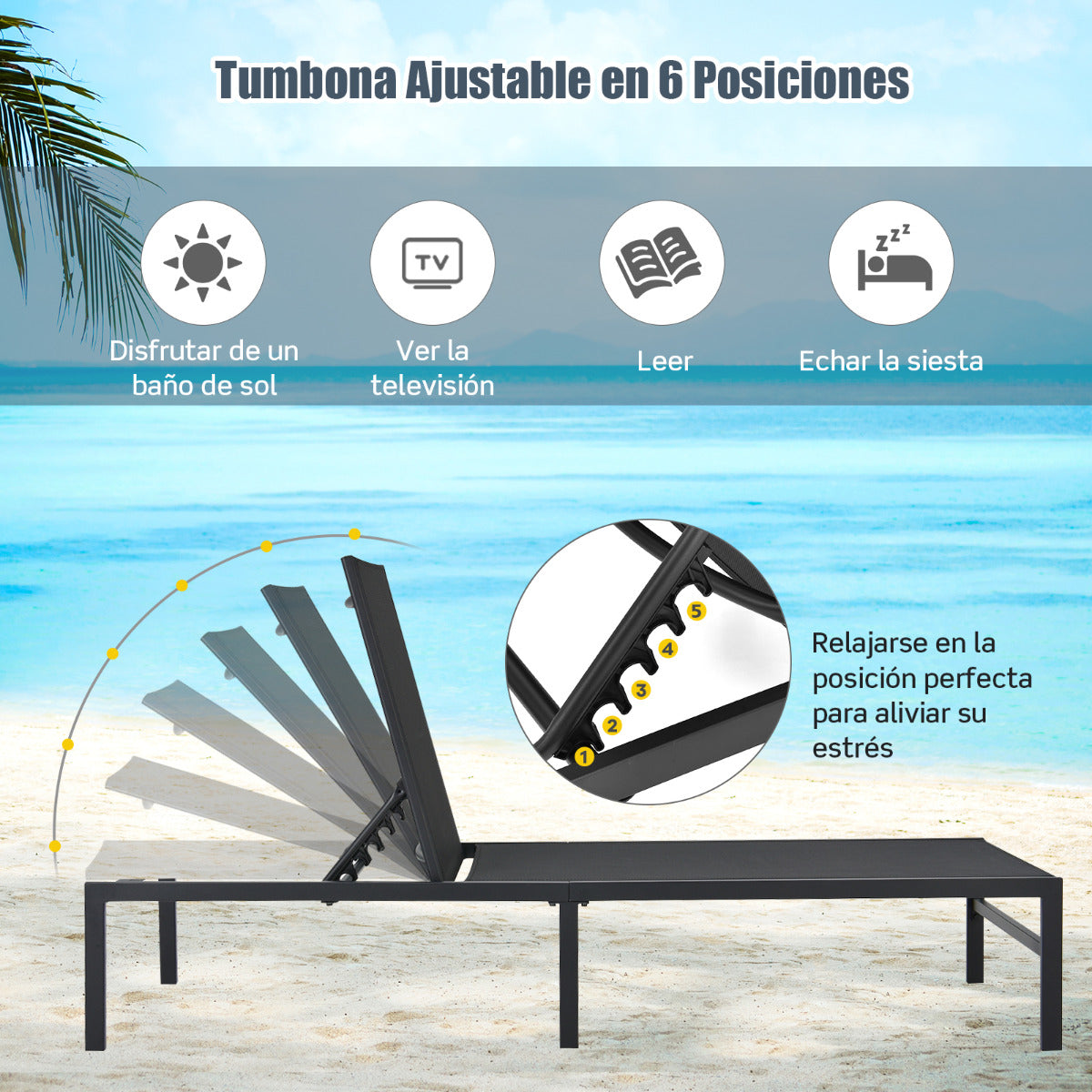 Tumbona para Exterior Respaldo Ajustable de 6 Posiciones Sillón Reclinable de Acero para Piscina Playa Patio 64 x 198 x 67-103 cm Negro