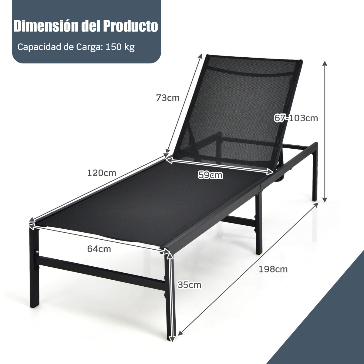 Tumbona para Exterior Respaldo Ajustable de 6 Posiciones Sillón Reclinable de Acero para Piscina Playa Patio 64 x 198 x 67-103 cm Negro