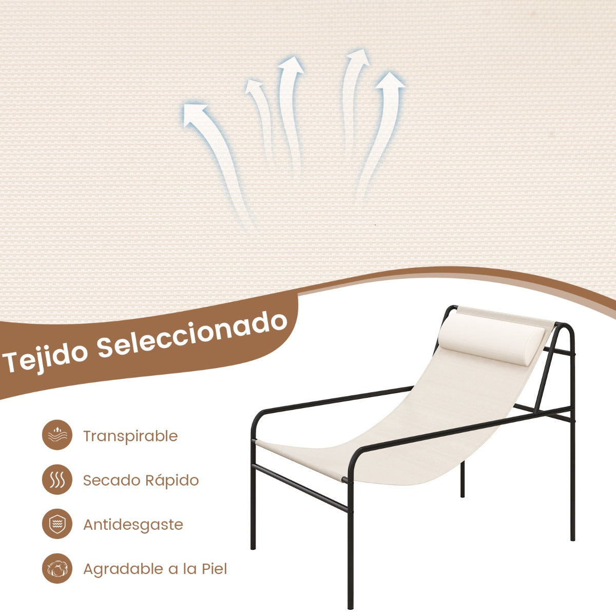 Tumbona de Metal Sillón Playa con Reposacabezas Extraíble Tela Transpirable Carga 160 kg 94 x 62 x 76 cm Beige