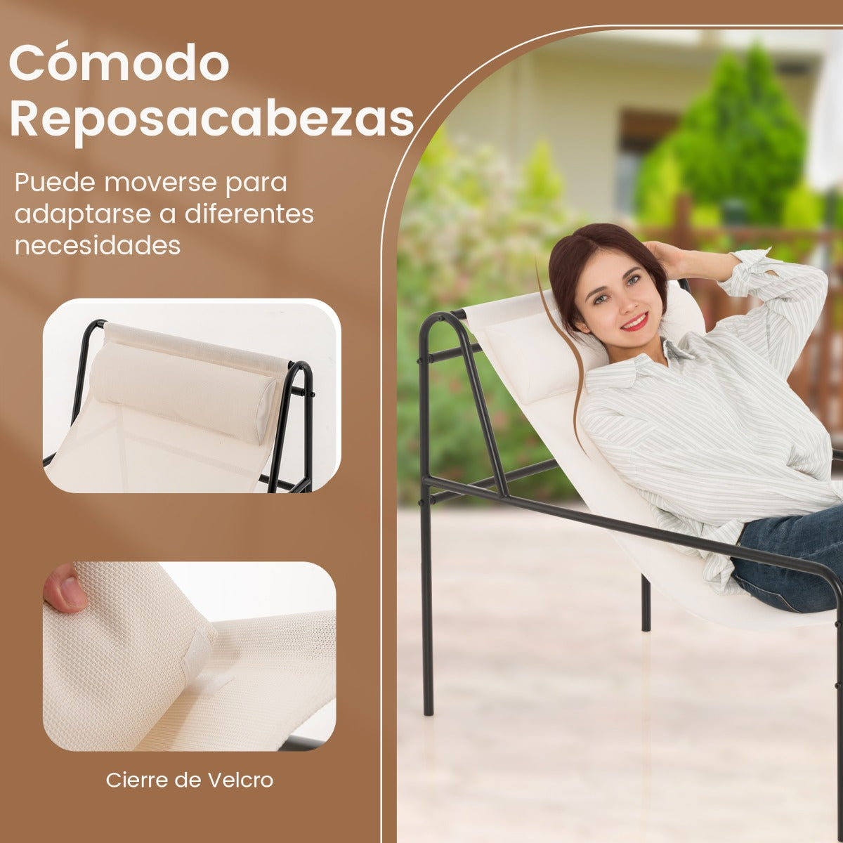 Tumbona de Metal Sillón Playa con Reposacabezas Extraíble Tela Transpirable Carga 160 kg 94 x 62 x 76 cm Beige