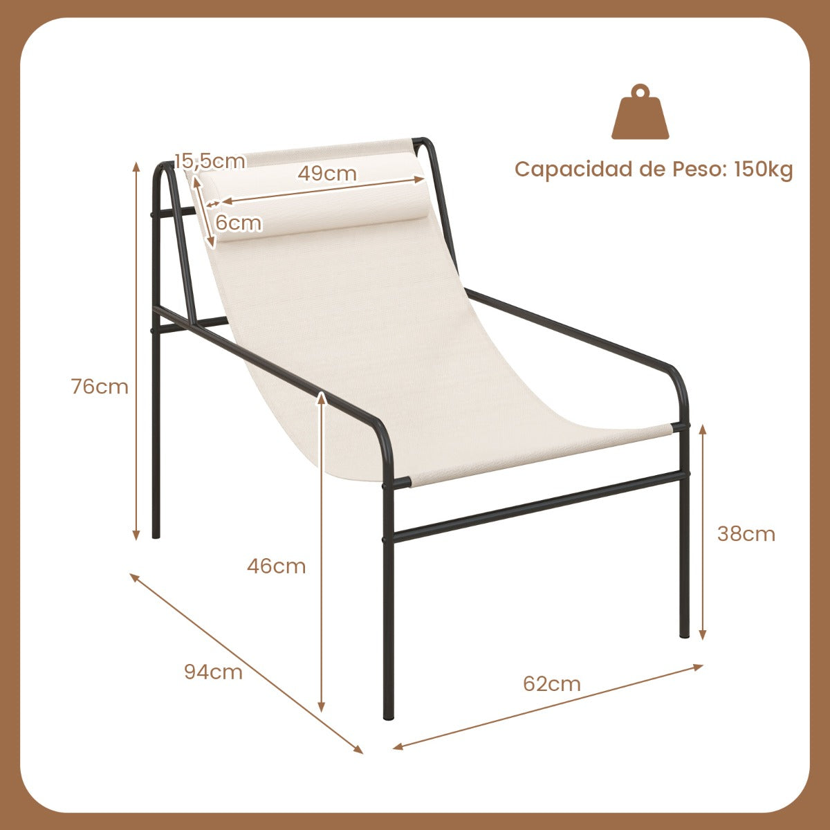 Tumbona de Metal Sillón Playa con Reposacabezas Extraíble Tela Transpirable Carga 160 kg 94 x 62 x 76 cm Beige