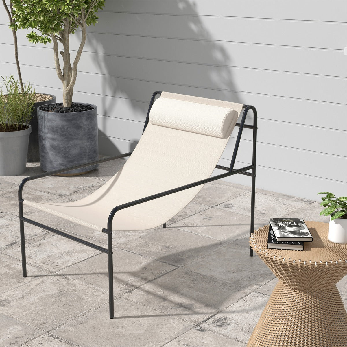 Tumbona de Metal Sillón Playa con Reposacabezas Extraíble Tela Transpirable Carga 160 kg 94 x 62 x 76 cm Beige