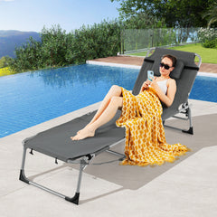 Tumbona Plegable de Jardín con 5 Posiciones de Respaldo Reposapiés Ajustable Orificio para Cara Almohada Extraíble para Playa Piscina Gris